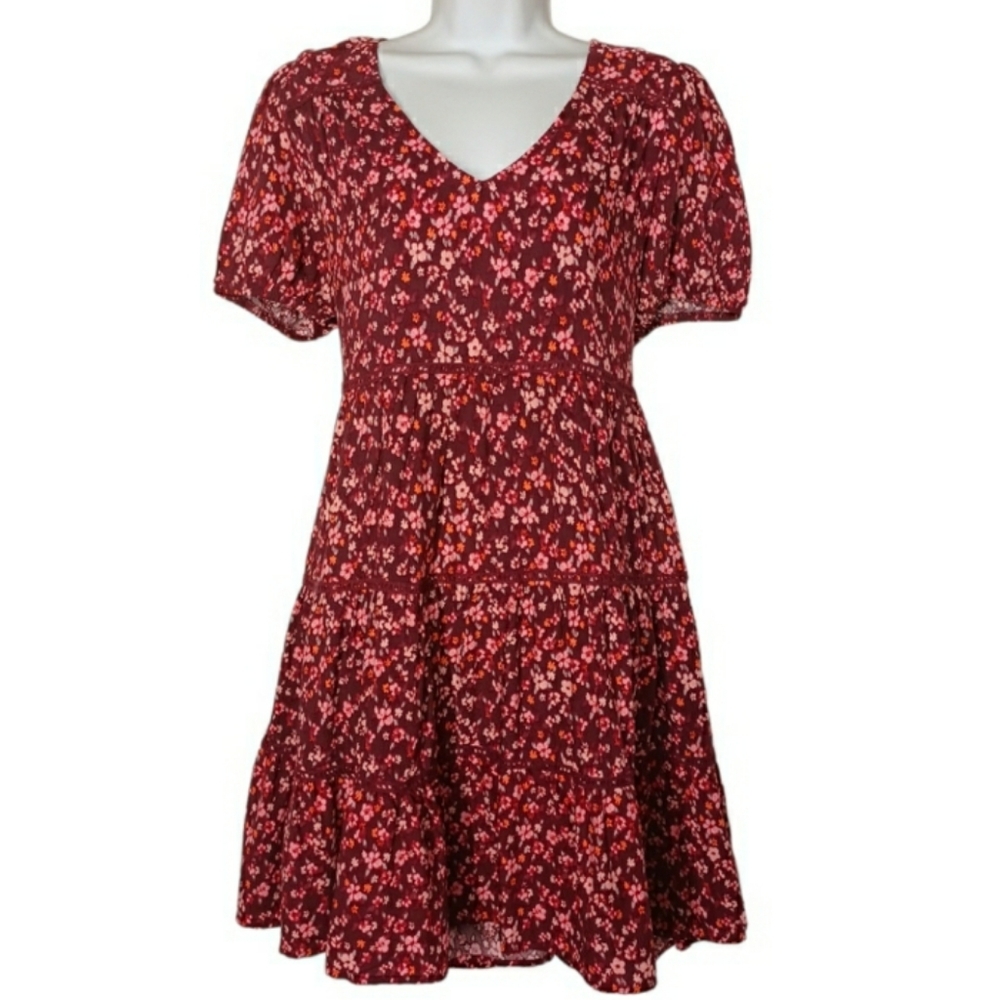 WILD FABLE Opulent Red Pink Floral Print Peasant Shift Dress Medium NWT